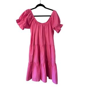 BURU Pink Cotton Puff Sleeve‎ Tiered Square Neck Midi Dress Size S Preppy